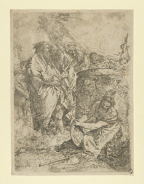 Giovanni Battista Tiepolo, Woman kneeling in front of Magicians and other Figures, from the Scherzi