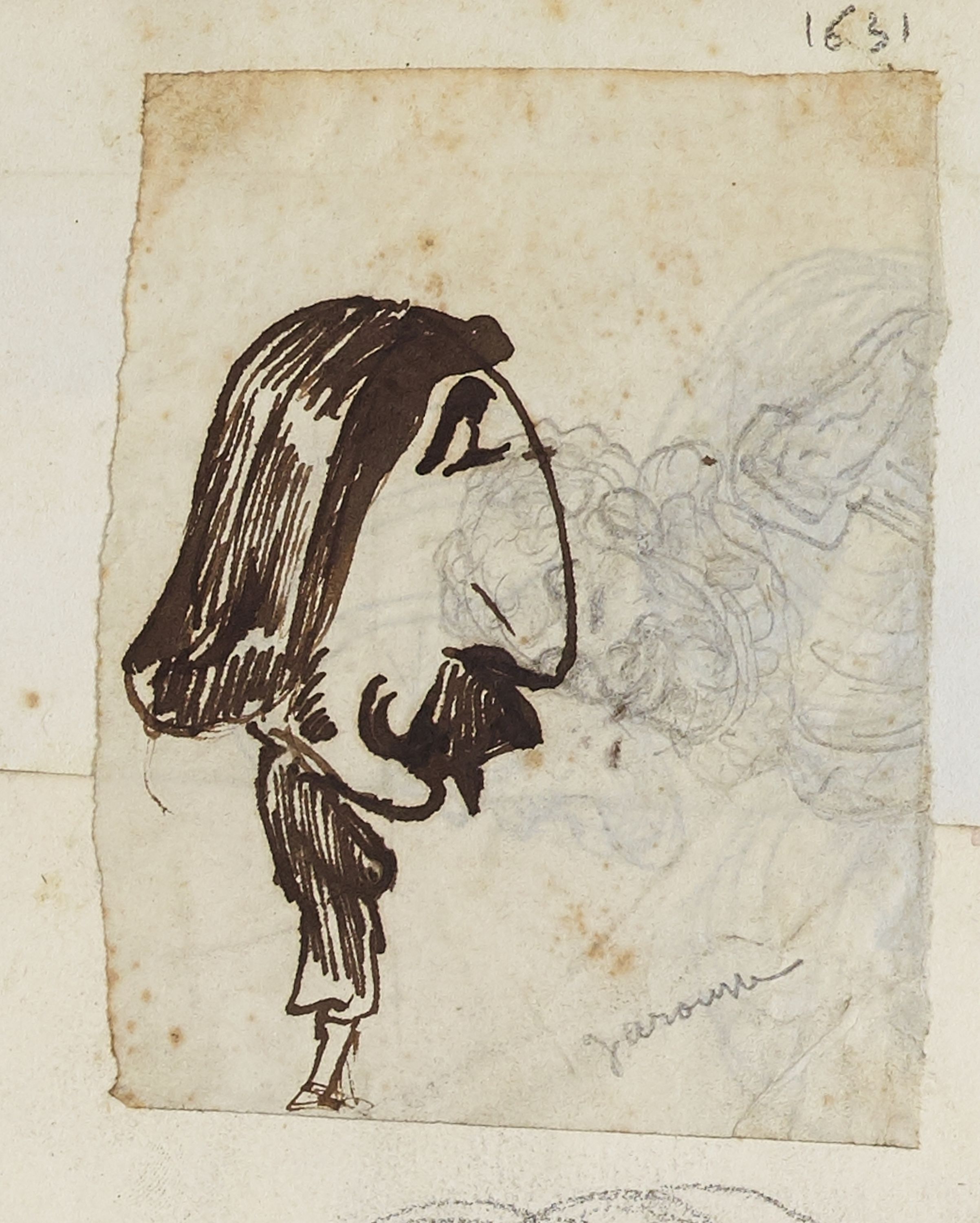 Anonyme, Portrait-charge d'un homme de profil (Jarousse) sur un autre croquis (Henri IV ?)