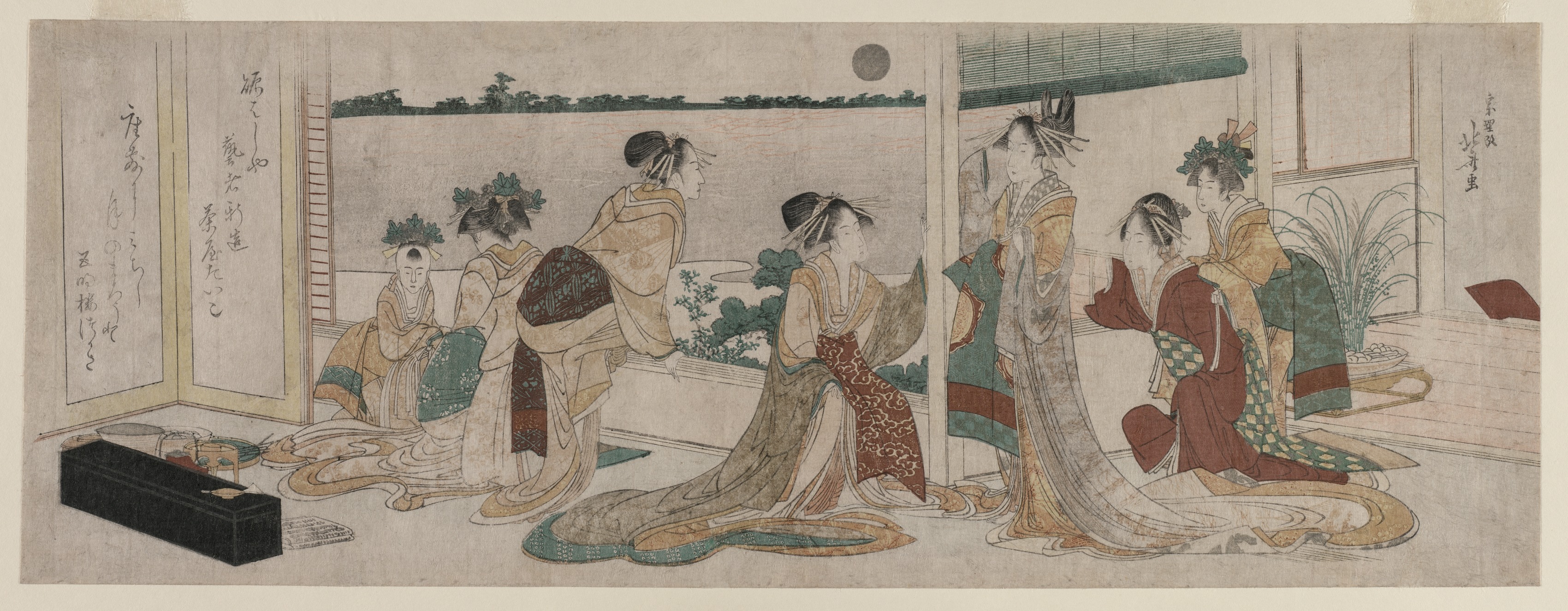Katsushika Hokusai, Tsukasa and Other Courtesans of the Ogiya Watching the Autumn Moon Rise Over Rice Fields from a Balcony in the Yoshiwara