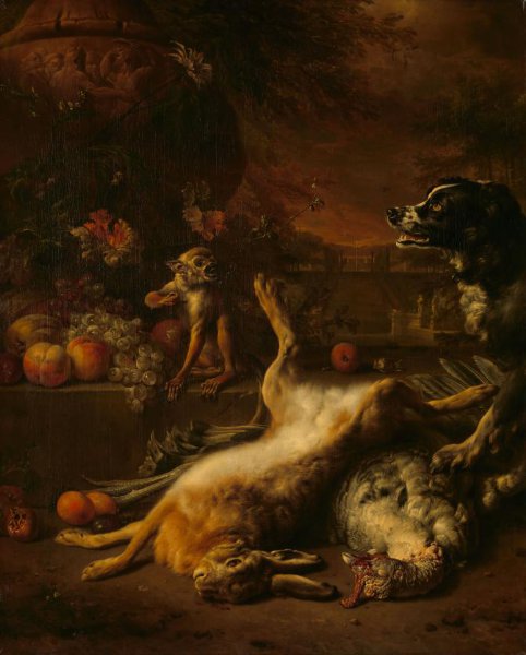 Jan Weenix, A Monkey and a Dog with Dead Game and Fruit