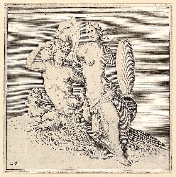 Anonymous, Italian, 16th century, Woman with Shield Seated on Seamonster, from "Ex Antiquis Cameorum et Gemmae Delineata/ Liber Secundus/et ab Enea Vico Parmen Incis"