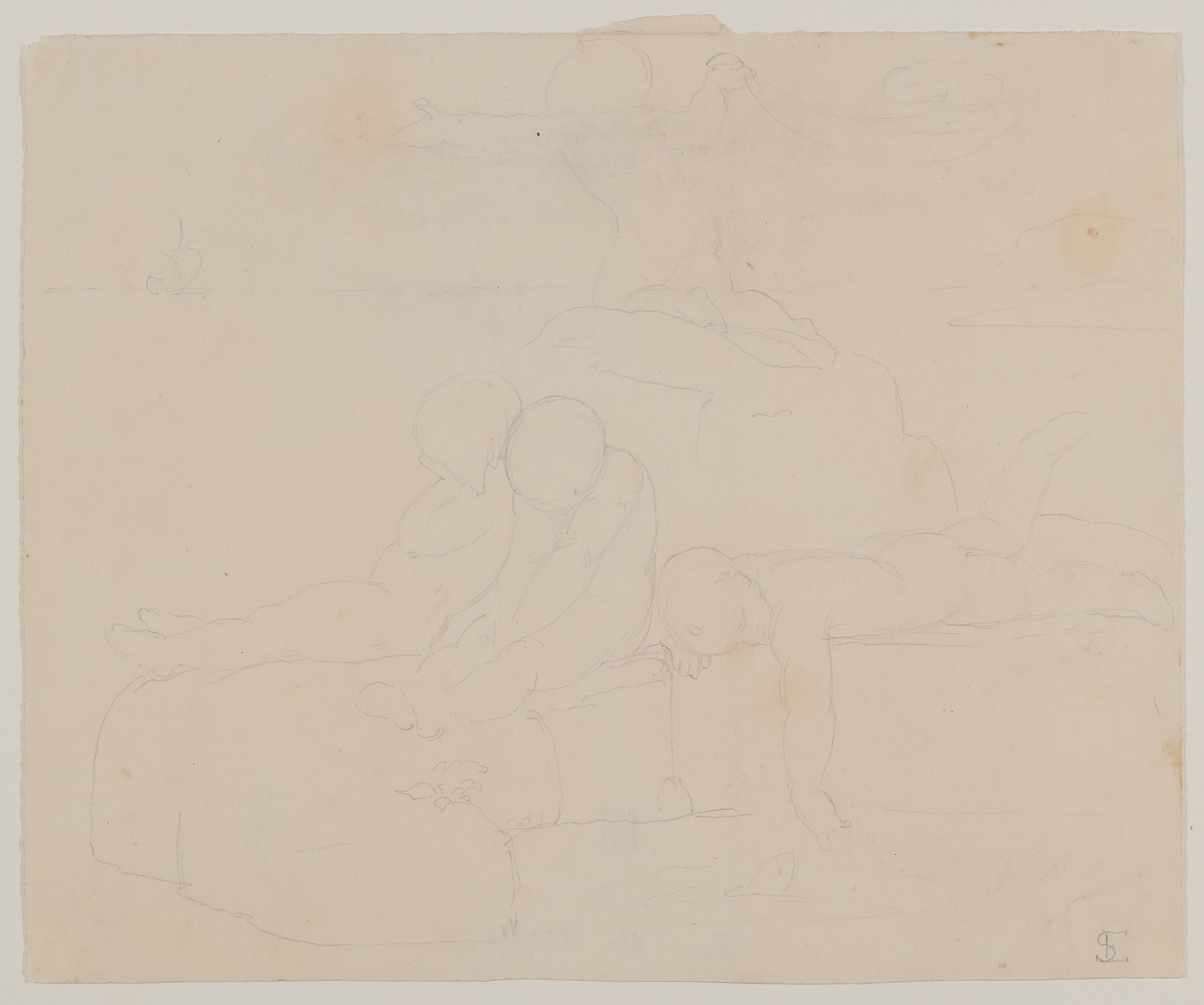 Edward von Steinle, Vier nackte trauernde Knaben am Meeresstrand [aus Mappe III aus dem Sommerhoff-Nachlass]