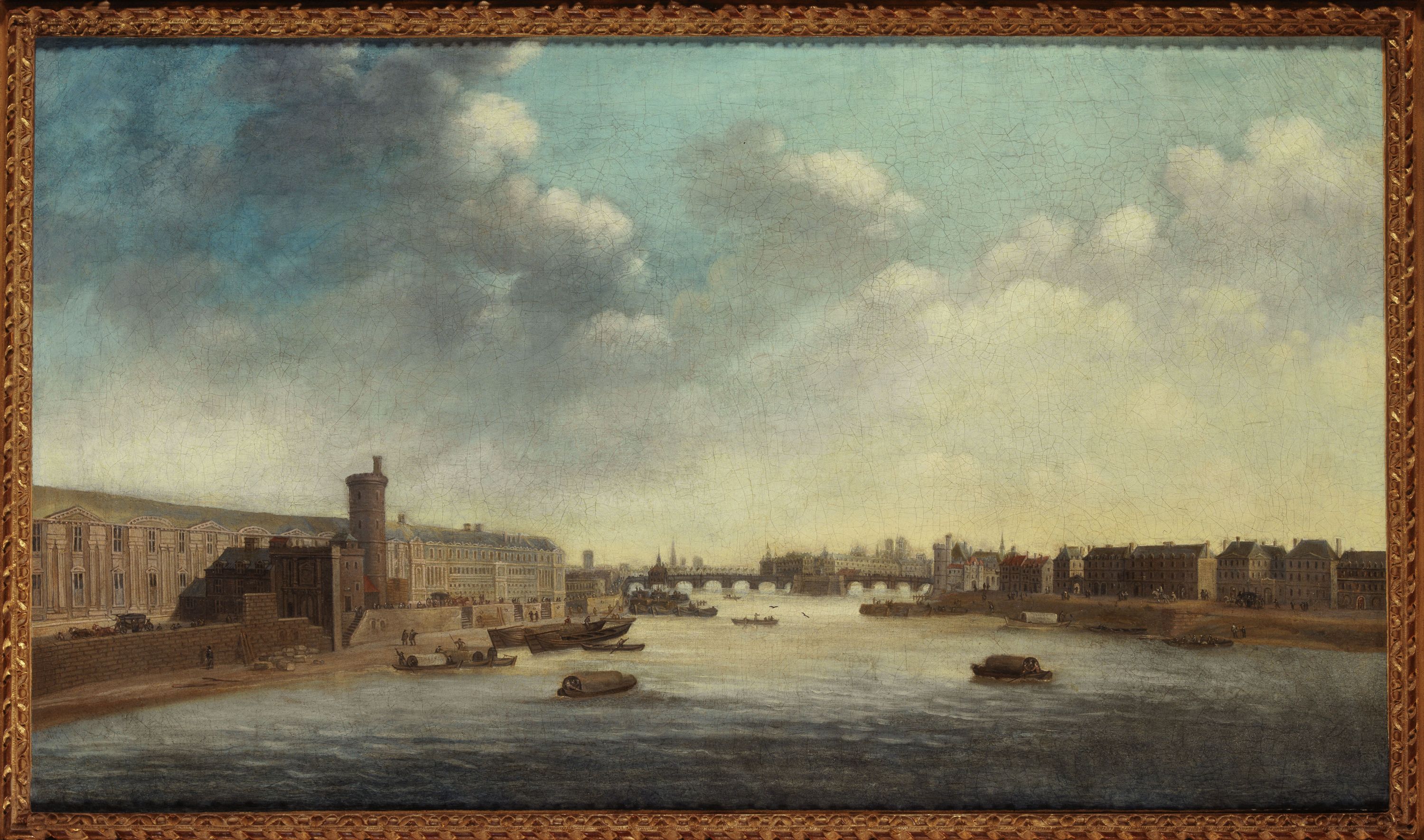 Anonyme, La Grande Galerie du Louvre, avec la porte Neuve, le Pont-Neuf, la Cité, la tour de Nesle et le quai Malaquais, vers 1640