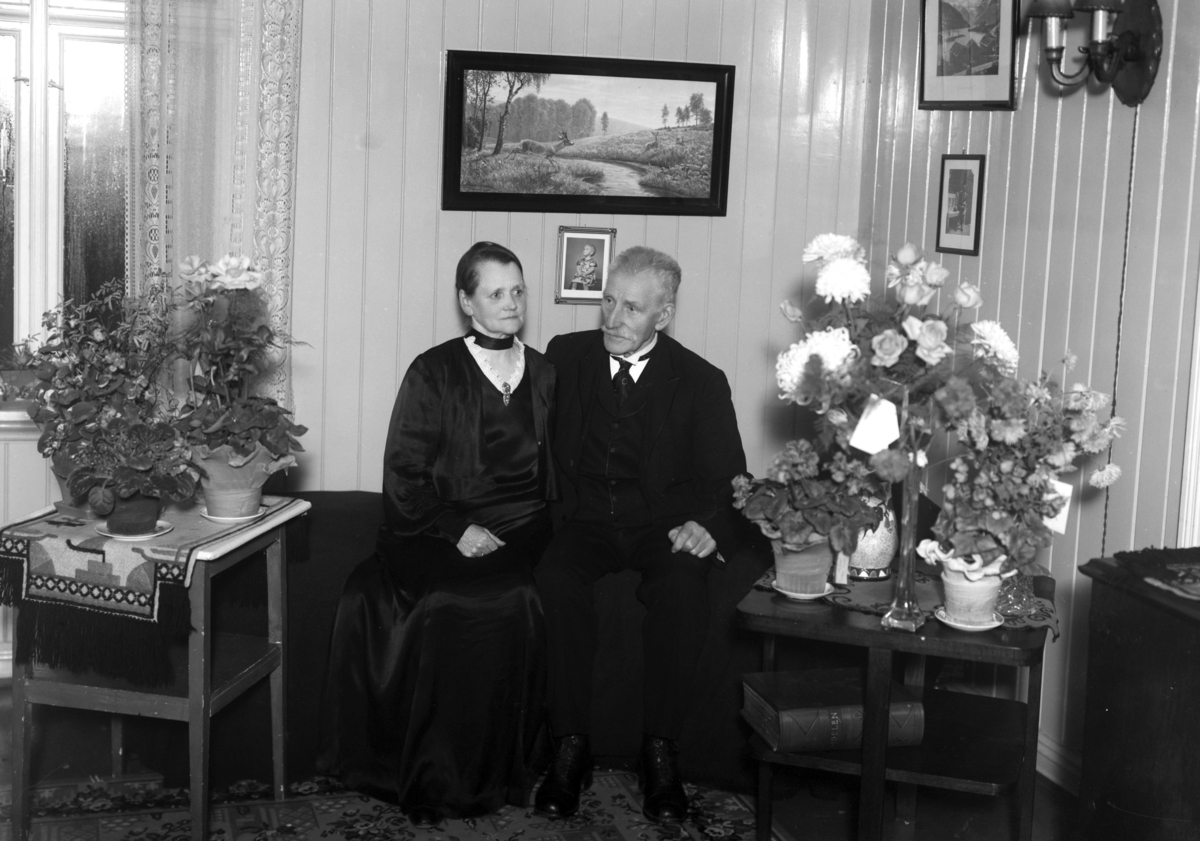 Christian Grundseth, Ektepar i stueinteriør med blomster. Bryllupsdag? MATHISEN STENHUGGER, GR: 2, ELDRE EKTEPAR. Anders Mathisen født i Furnes 30/10-1859, Marie Mathisen (født Smaaberg) født på Nes H. 28/12-1879. 40199