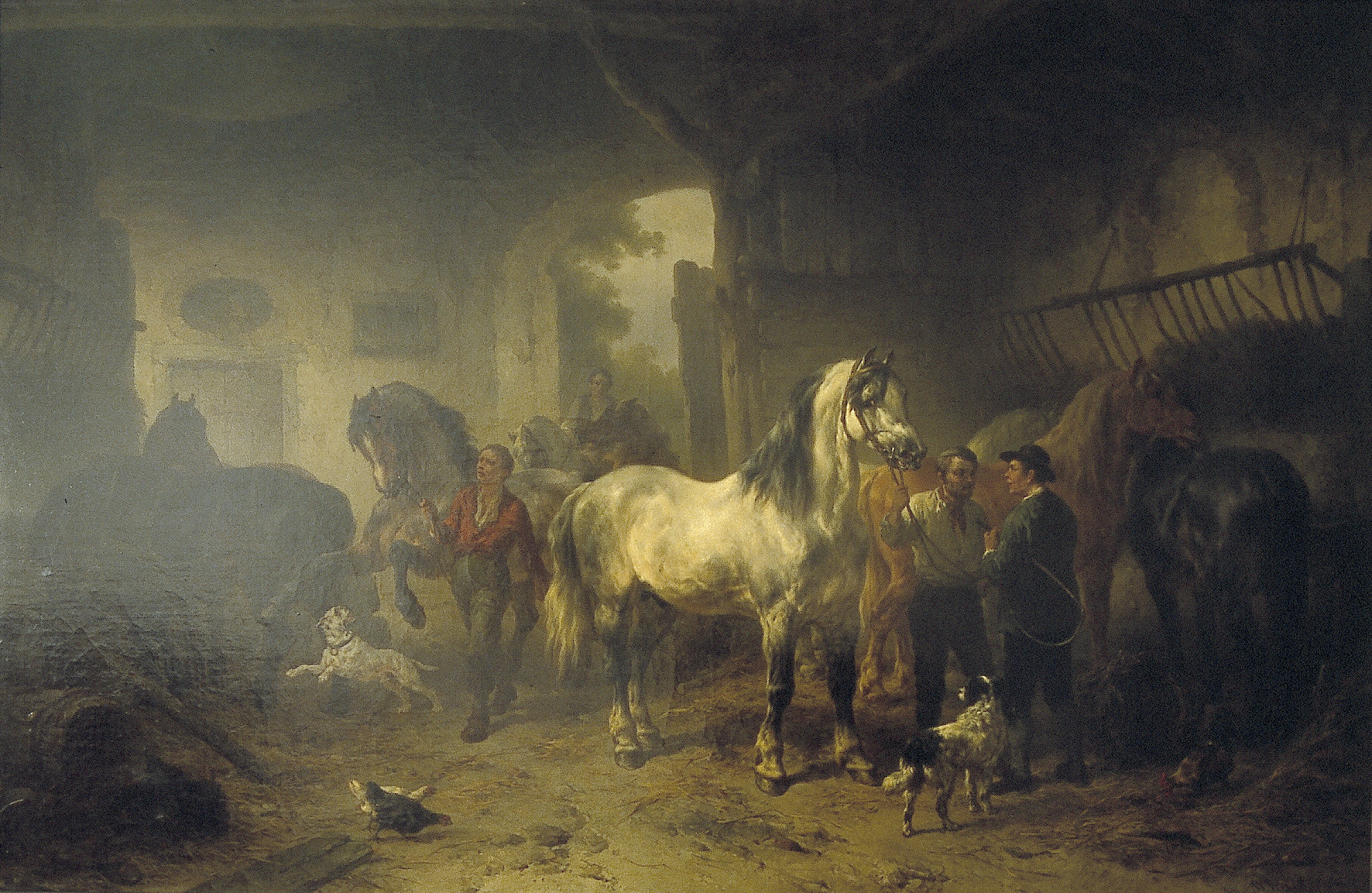 Wouterus Verschuur, Interieur van een stal met paarden en figuren