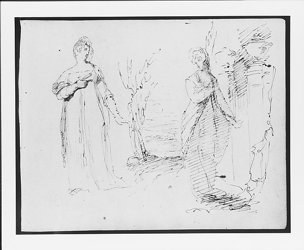 Thomas Sully, Two Standing Women Flanking an Opening onto a Landscape, Two Pedistals with Urns at Right (from Sketchbook)