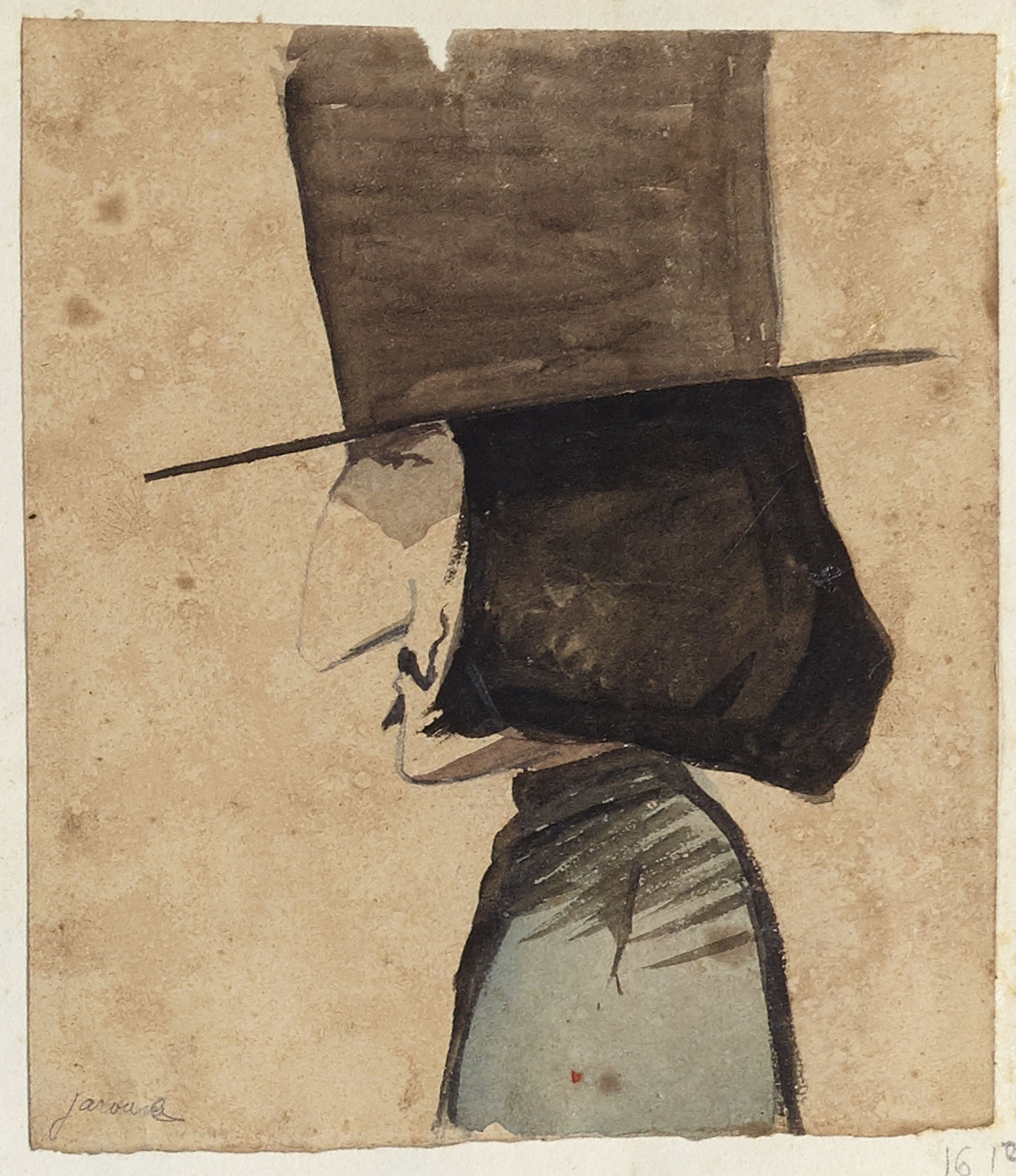 Anonyme, Portrait-charge d'une homme moustachu et aux cheveux longs (Jarousse)