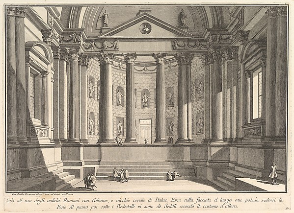 Giovanni Battista Piranesi, Colonnaded hall according to the custom of the ancient Romans, and niches adorned with statues (Sala all'uso degli antichi Romani con Colonne, e nicchie ornate di Statue), from "Prima Parte di Architettura, e Prospettive"