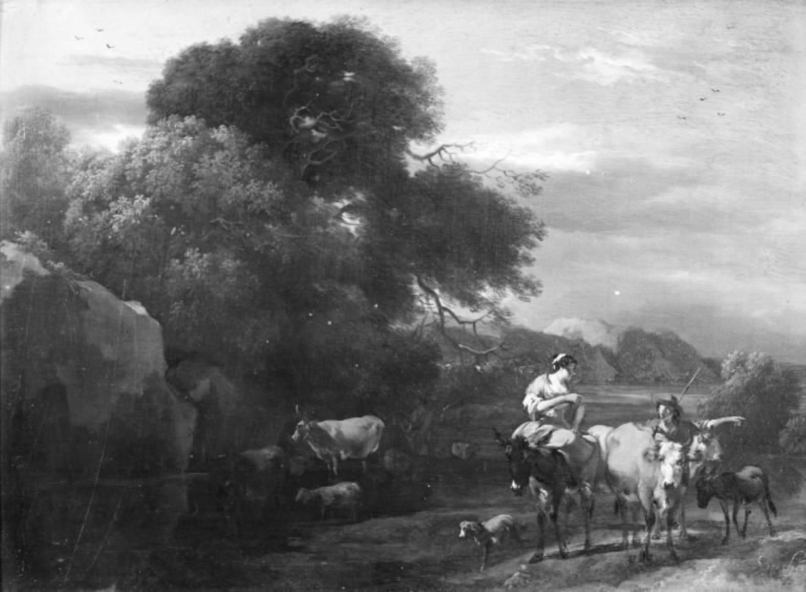 Nicolaes Berchem, Aftenlandskab med træbevoksede klipper og kvæg