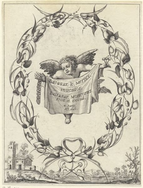 Moncornet, Balthasar, (approximately 1600-1668), (printmaker), Stylized bouquets in landscapes: Title plate