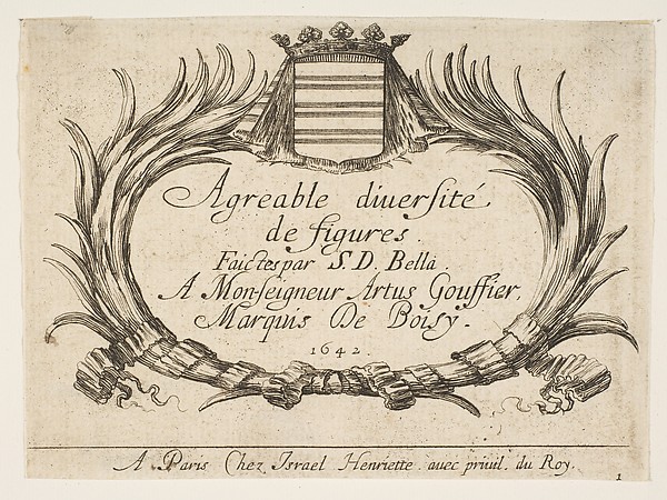 Stefano della Bella, Two palms and a coat of arms frame the title and dedication, title page and plate 1 for "Various Figures" (Agréable diversité de figures)
