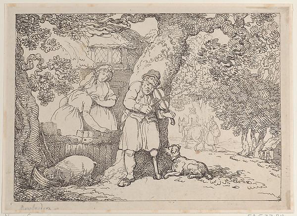 Thomas Rowlandson, Fiddler, Sailor, Two Women and a Pig by a Cottage