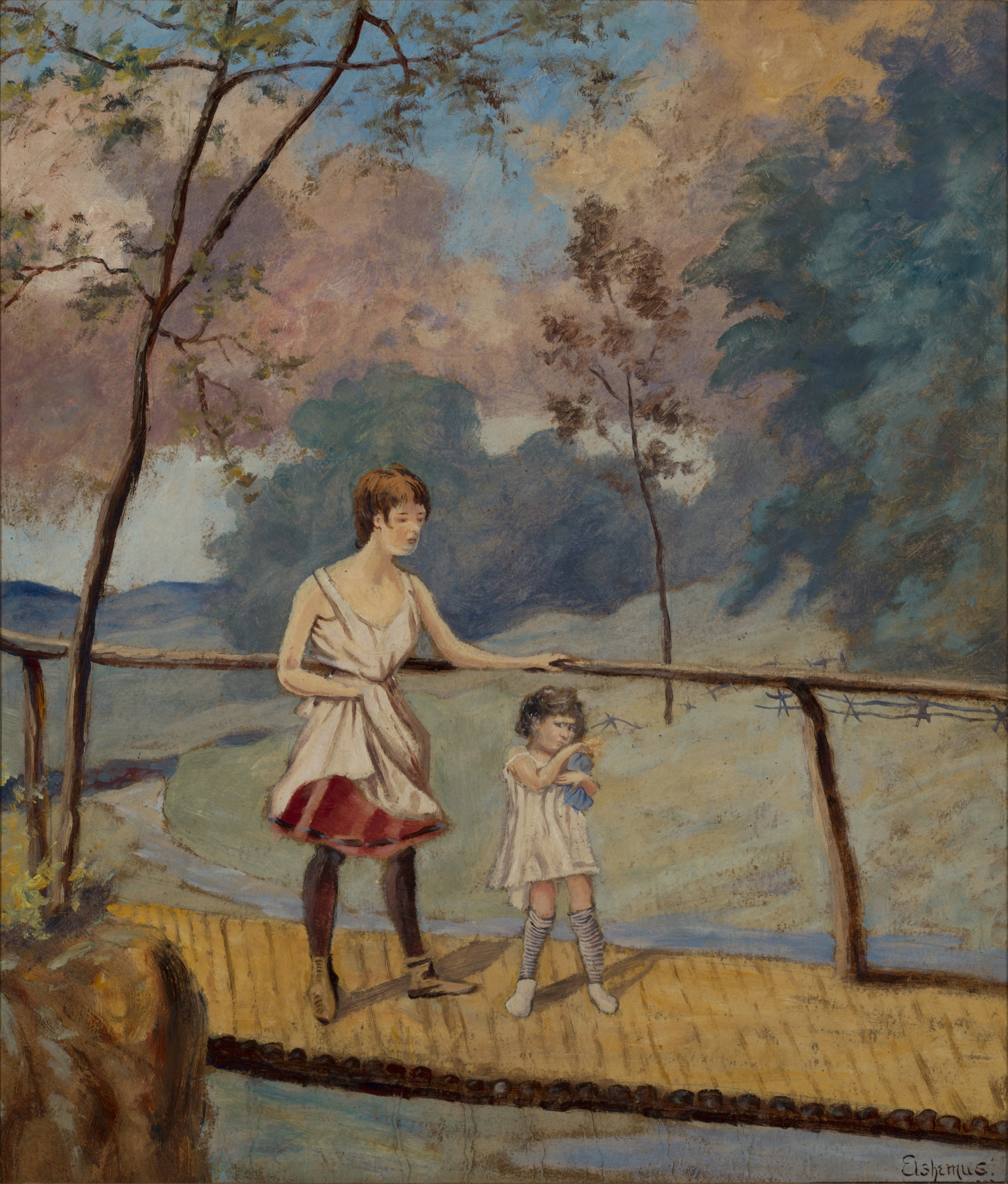 Louis Eilshemius, Two Girls on a Log Bridge