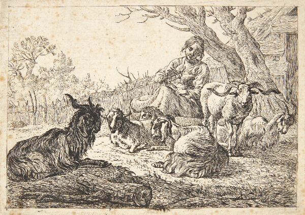 Pieter van Laer, Hyrdinde med en garnvinde, siddende blandt geder