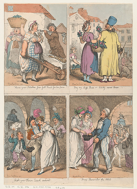 Thomas Rowlandson, Four Scenes from "Cries of London" Series: Here's your Potatoes...; Buy my Moss Roses...; Light your Honor; Pray Remember the Blind