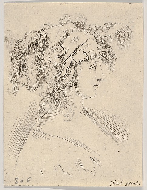 Stefano della Bella, Plate 15: Mid-bust of a young woman in profile wearing a hat topped with feathers, from "The Book for Learning to Draw" (Livre pour apprendre à dessiner)