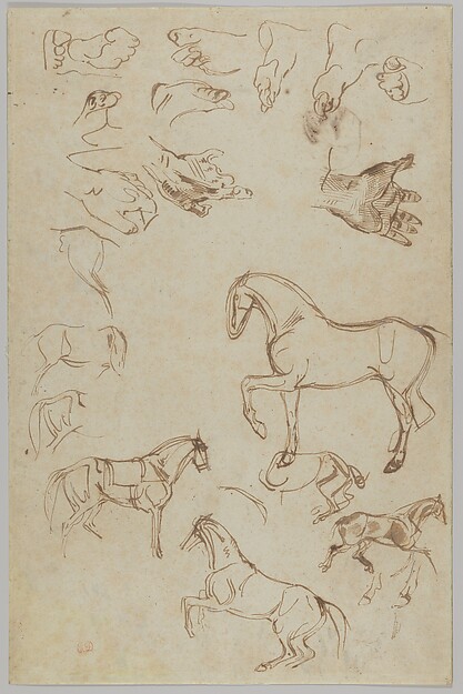 Eugène Delacroix, Studies of Horses, Hands, and Feet (recto); Studies of Heads and Figures (verso)