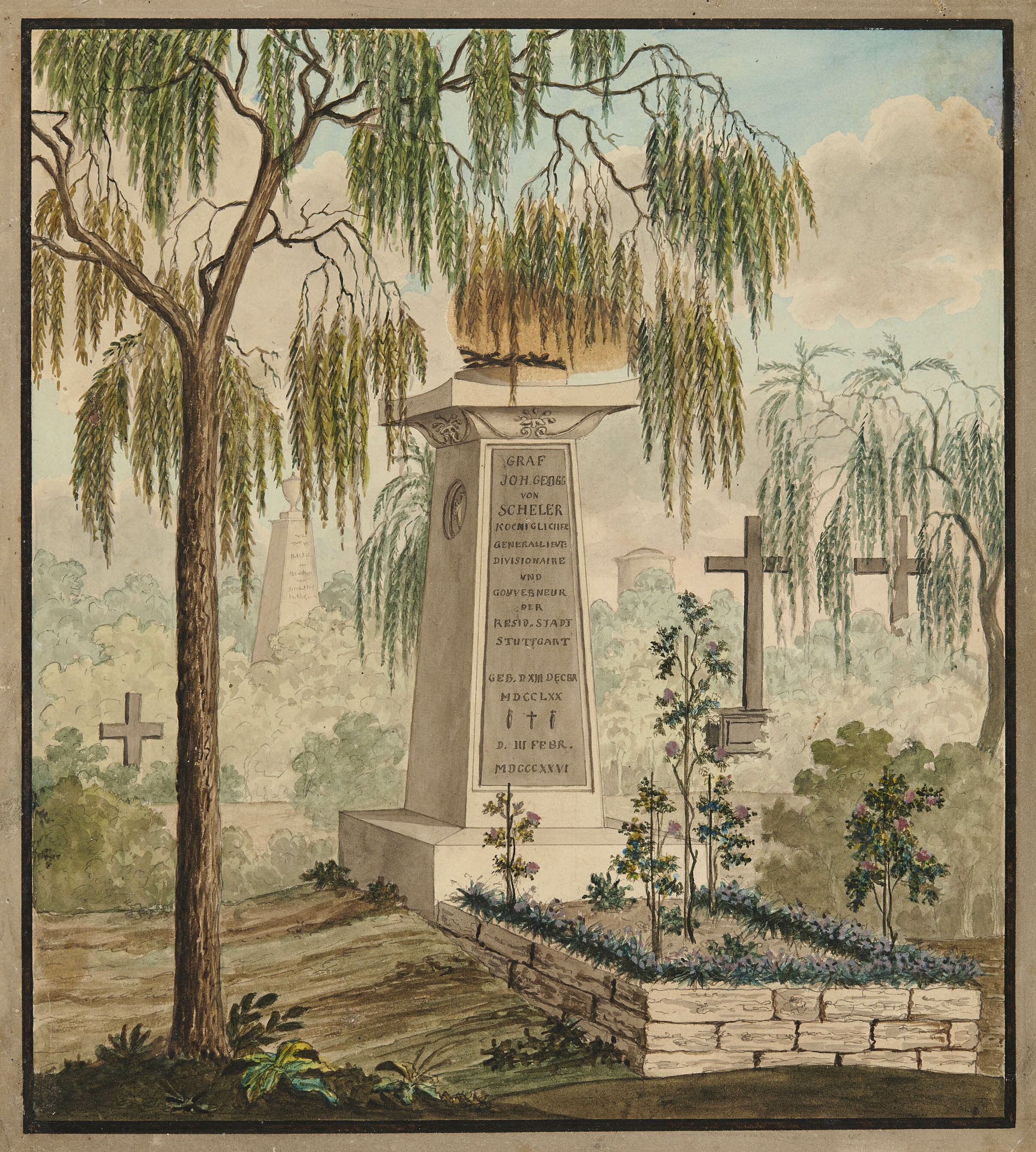 Christian von Martens, Ansicht des Grabes Graf Johann Georg von Schelers auf dem Hoppenlaufriedhof in Stuttgart