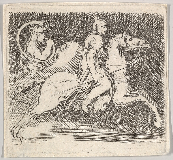 Stefano della Bella, A soldier in profile galloping to the right holding a lance in his right hand, followed by another horseman behind, plate 20 from "Various figures and doodles" (Diverses figures et griffonnemens)
