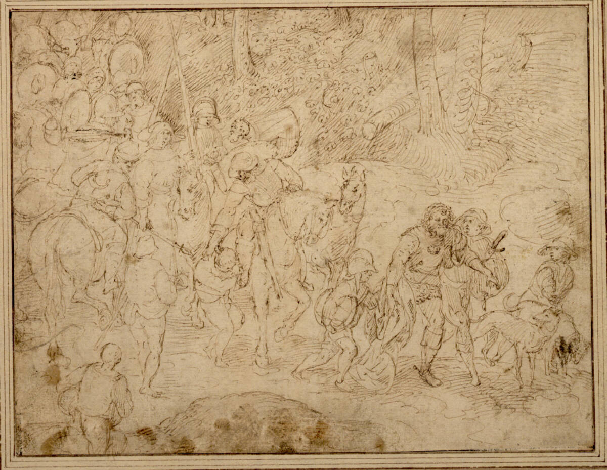 Anonym, Reiterzug in einer Waldlandschaft nach rechts unterwegs. Vielleicht die Trojaner mit Aeneas, Iulus und Achates an der Spitze