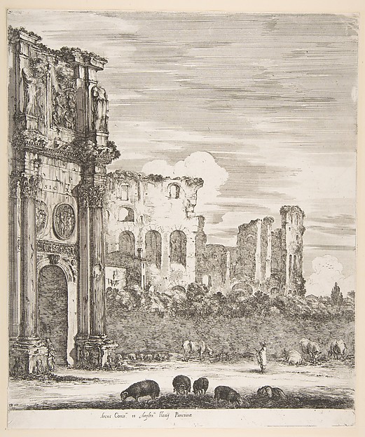 Stefano della Bella, Arch of Constantine and Colosseum with sheep grazing in foreground, from "Six large views, four of Rome, and two of the Roman countryside" (Six grandes vues, dont quatre de Rome et deux de la Campagne romaine)