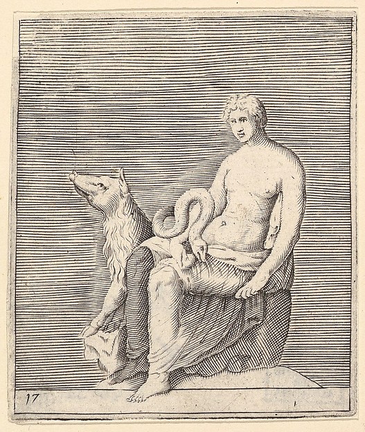 Anonymous, Italian, 16th century, Figure with Pig and Serpent, from "Ex Antiquis Cameorum et Gemmae Delineata/ Liber Secundus/et ab Enea Vico Parmen Incis"