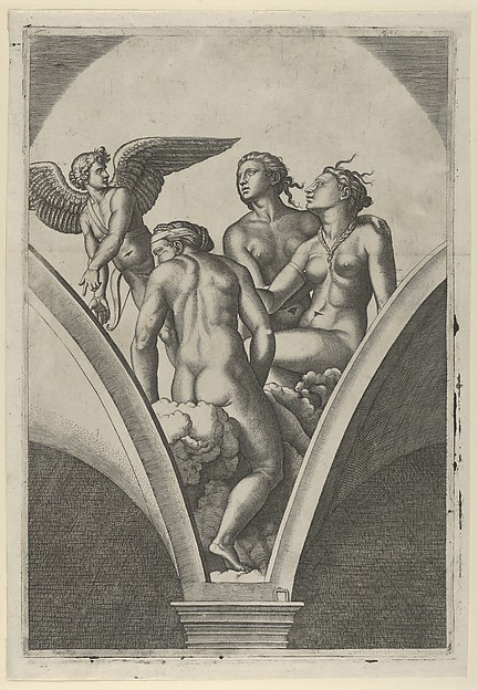 Marcantonio Raimondi, The Three Graces sitting on clouds, cupid at the left, after Raphael's fresco in the Chigi Gallery of the Villa Farnesina in Rome