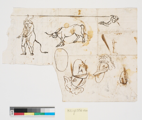 Nicolai Abildgaard, Tyr med menneskeansigt, figurer med dyreforklædning samt to ansigter med hjelme