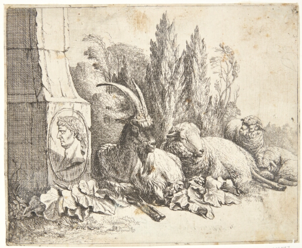 Johann Heinrich Roos, Liggende ged og tre får nær en obelisk med buste af romersk kejser