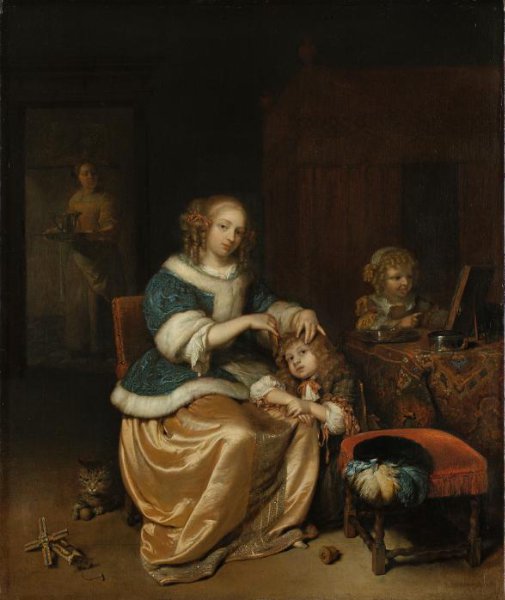 Caspar Netscher, Interieur met een moeder die het haar van haar kind kamt, bekend als ‘Moederzorg’