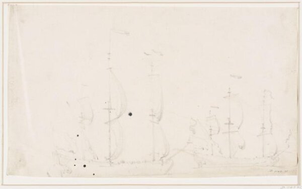 willem van de velde the younger, Two ships before the wind; broadside view