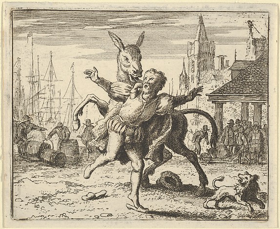 Allart van Everdingen, The Ass, Jealous of the Attention the Dog Is Getting From His Master, Looks to Imitate Him by Jumping at the Master's Neck from Hendrick van Alcmar's Renard The Fox