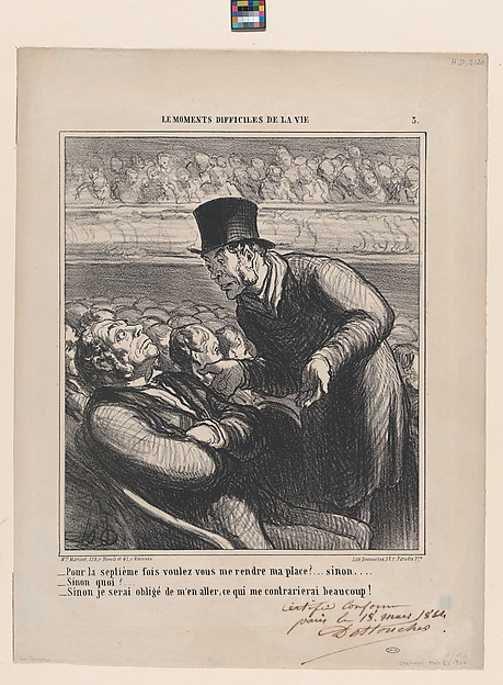 Honoré Daumier, For the seventh time..... will you please leave my seat? otherwise..., from 'The difficult moments of life'