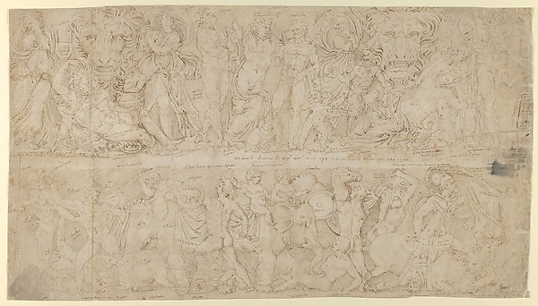 Anonymous, Italian, 16th century, Sheet after Roman relief decorations from objects in the Collection of Cardinal Bruto della Valle: Friezes from Roman Sarcophagi with Dyonisus (verso); Marble Funerary Relief of Lucius Antistius Sarculo and his wife Antistia Plutia (recto)