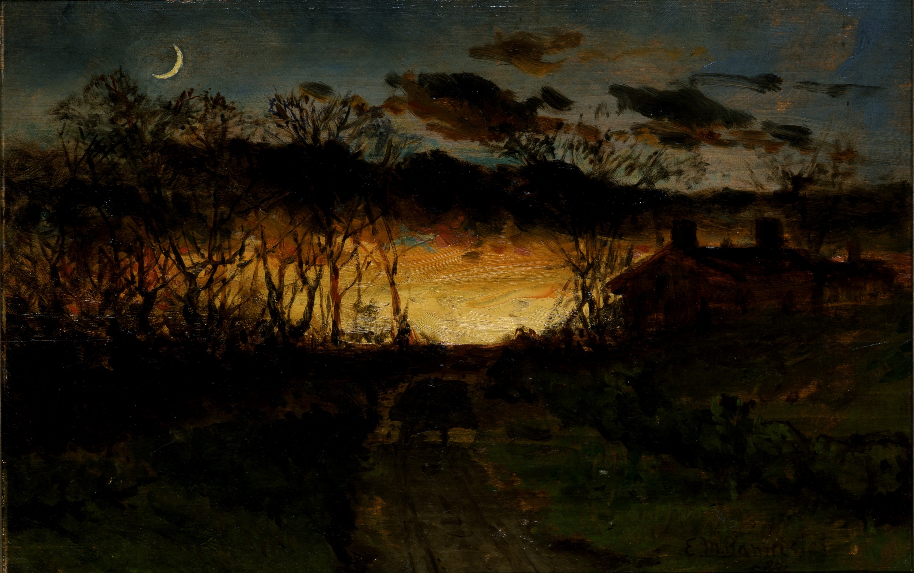 Edward Mitchell Bannister, Untitled (sunset with quarter moon and farmhouse)