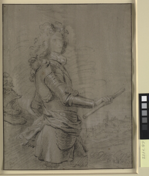 Godfrey Kneller, Portræt i knæfigur af en hærfører i rustning og med stav i højre hånd. I baggrunden et landskab med en by