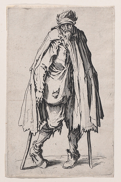 Jacques Callot, Le Mendiant aux Béquilles et a la Besace (The Beggar with the Crutches and the Pouch), from "Les Gueux suite appelée aussi Les Mendiants, Les Baroni, ou Les Barons" (The Beggars, also called the Barons)