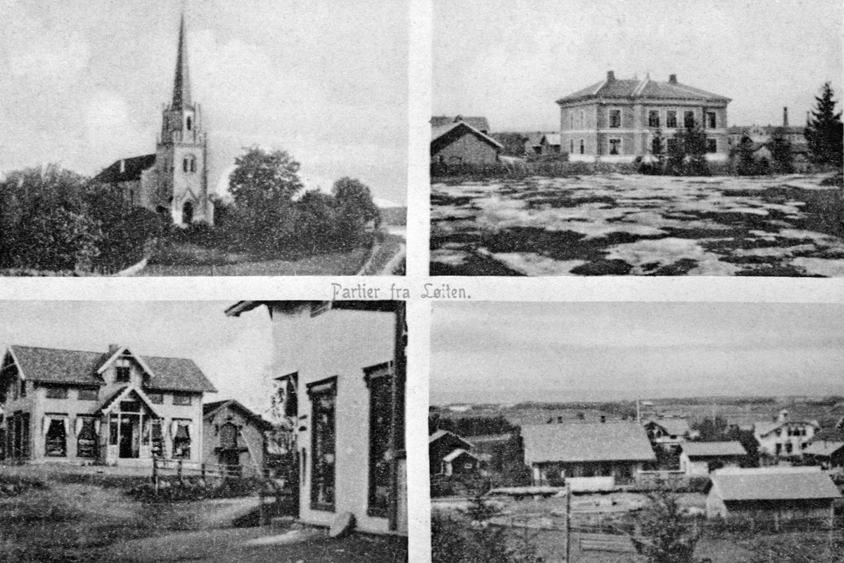 Anno Domkirkeodden, 4-DELT POSTKORT, LØTEN KIRKE, TINGBERG, LØTEN HANDELSFORRETNING, STASJONSBYEN, SENTRUM