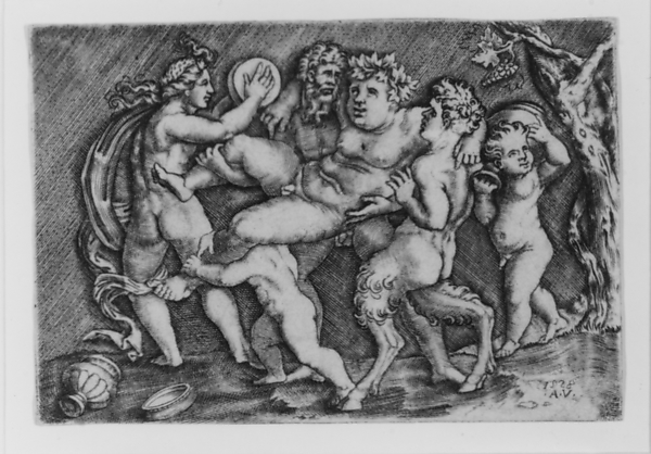 Agostino Veneziano (Agostino dei Musi), Bacchus Carried by Two Satyrs