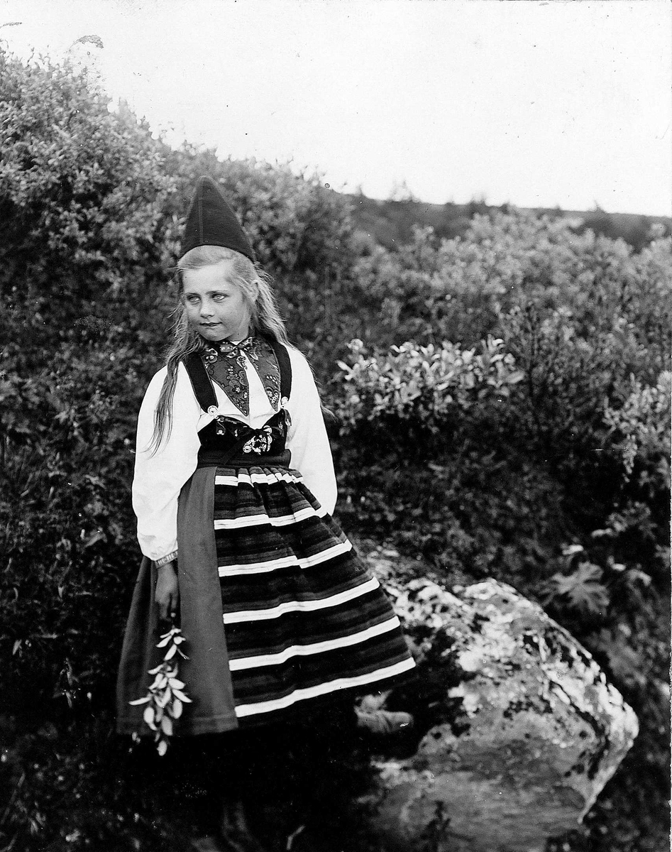 Robert Collett, Pike ved stein, ukjent sted, i drakt fra Rättvik, Dalarne, Sverige. Serie tatt av Robert Collett (1842-1913), amatørfotograf og professor i zoologi.