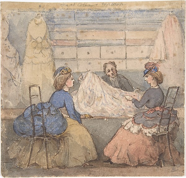 Anonymous, British, 19th century, Two Women Looking at Fabric in a Shop