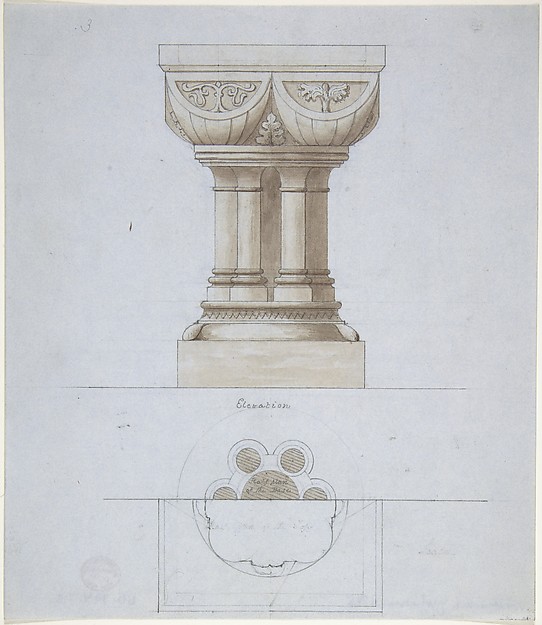 Anonymous, British, 19th century, Romanesque Style Font and Plan (recto); One Font (verso)