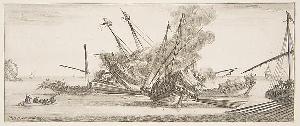 Stefano della Bella, Naval combat, a ship at center, seen from behind, firing at four enemy ships, another ship entering from the right, a rowboat with nine people to left, from "Peace and War" (Divers desseins tant pour la paix que pour la guerre)
