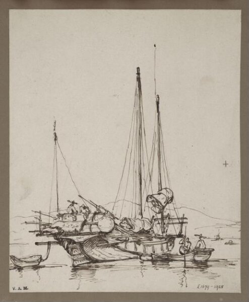 George Chinnery, A drawing by George Chinnery of aA  Chinese junk, with figures aboard and small craft alongside