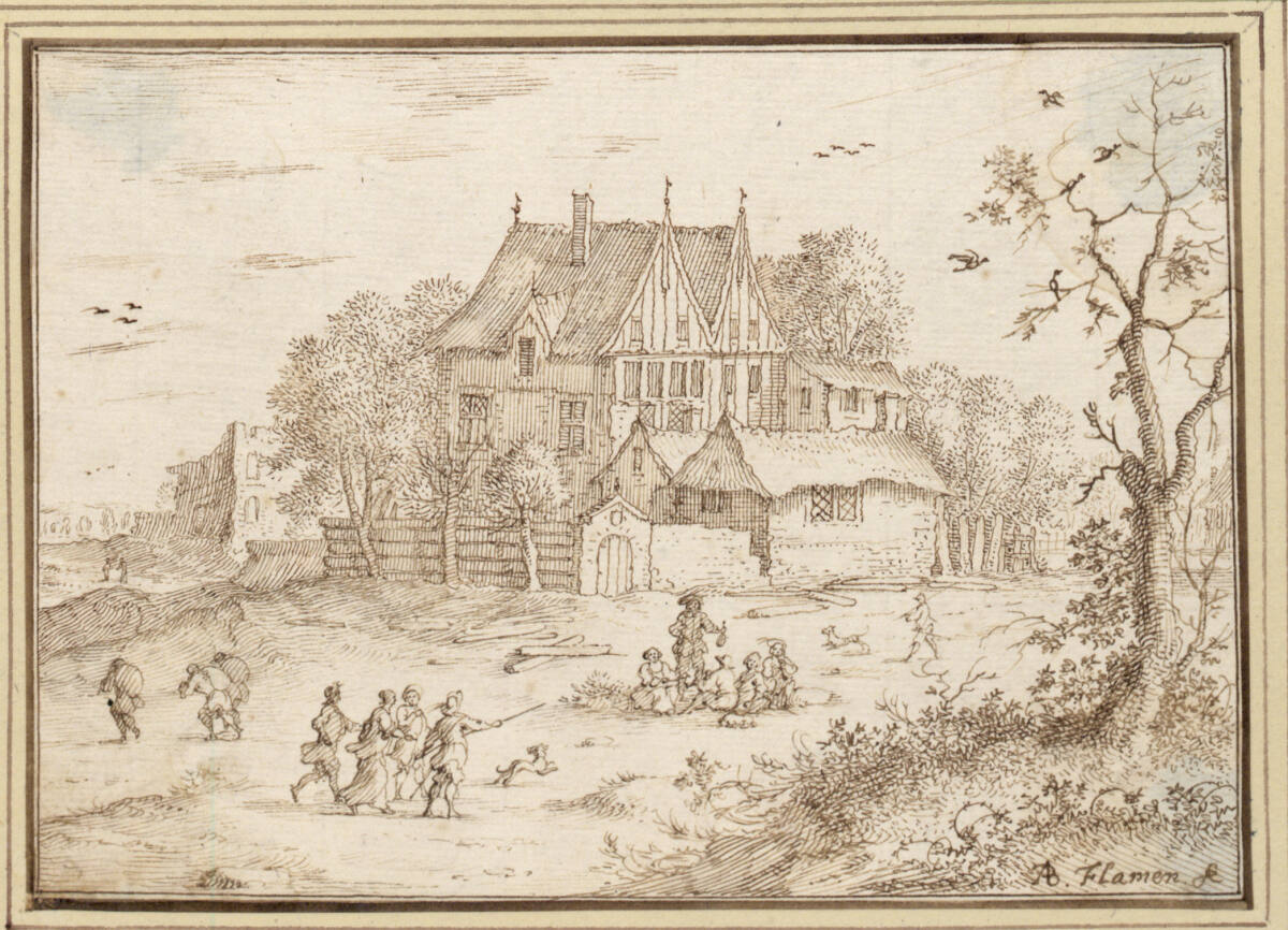 AlbertFlamen, Blick auf ein Haus zwischen Bäumen, davor eine fröhliche Gesellschaft auf der Wiese (III-15)