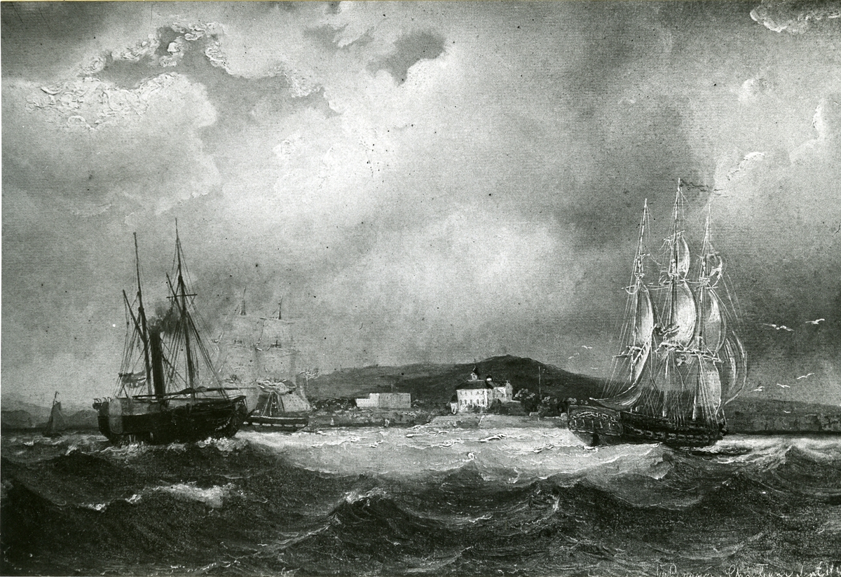 Okänd fotograf, Kristianias hamn. Oljemålning 1850. Storlek 37 x 56 cm.