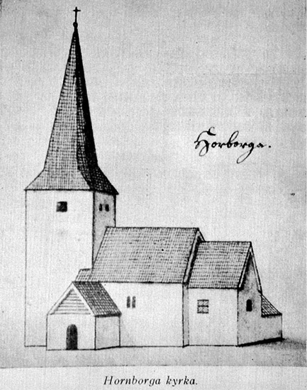 Unknown artist, Sida i tidskrift med Hornborga gamla kyrka. Efter Assar Blomberg.