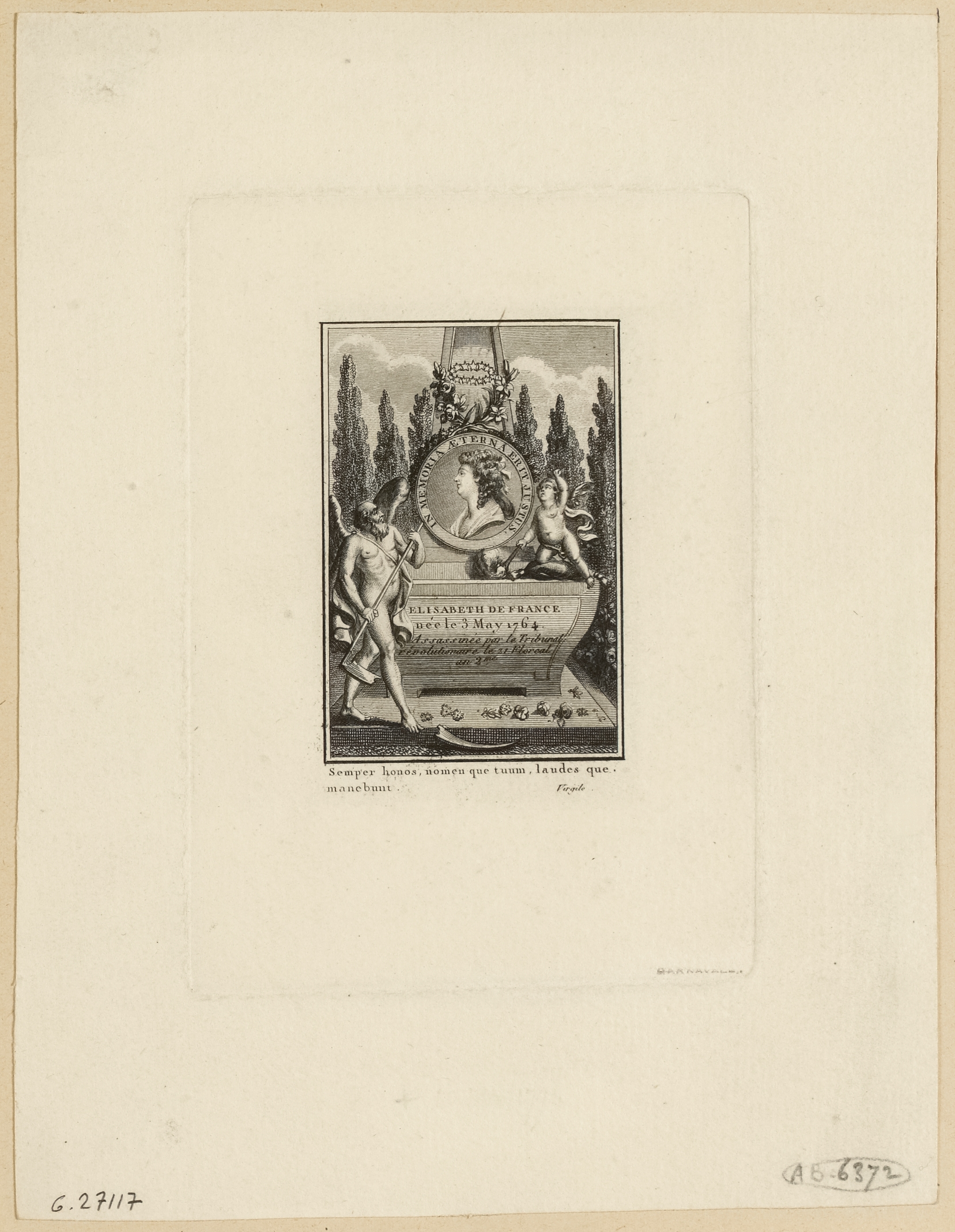 Anonyme, Révolution française. Allégorie commémorative. Tombeau et portrait de Madame Elisabeth. 1794