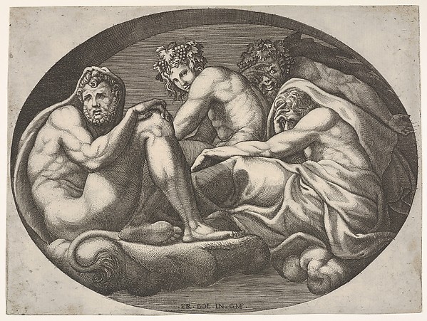 Giorgio Ghisi, Hercules, Bacchus, Pan, and another god seated on a cloud under an arch, an oval composition, from a series of eight compositions after Francesco Primaticcio's designs for the ceiling of the Ulysses Gallery (destroyed 1738-39) at Fontainebleau