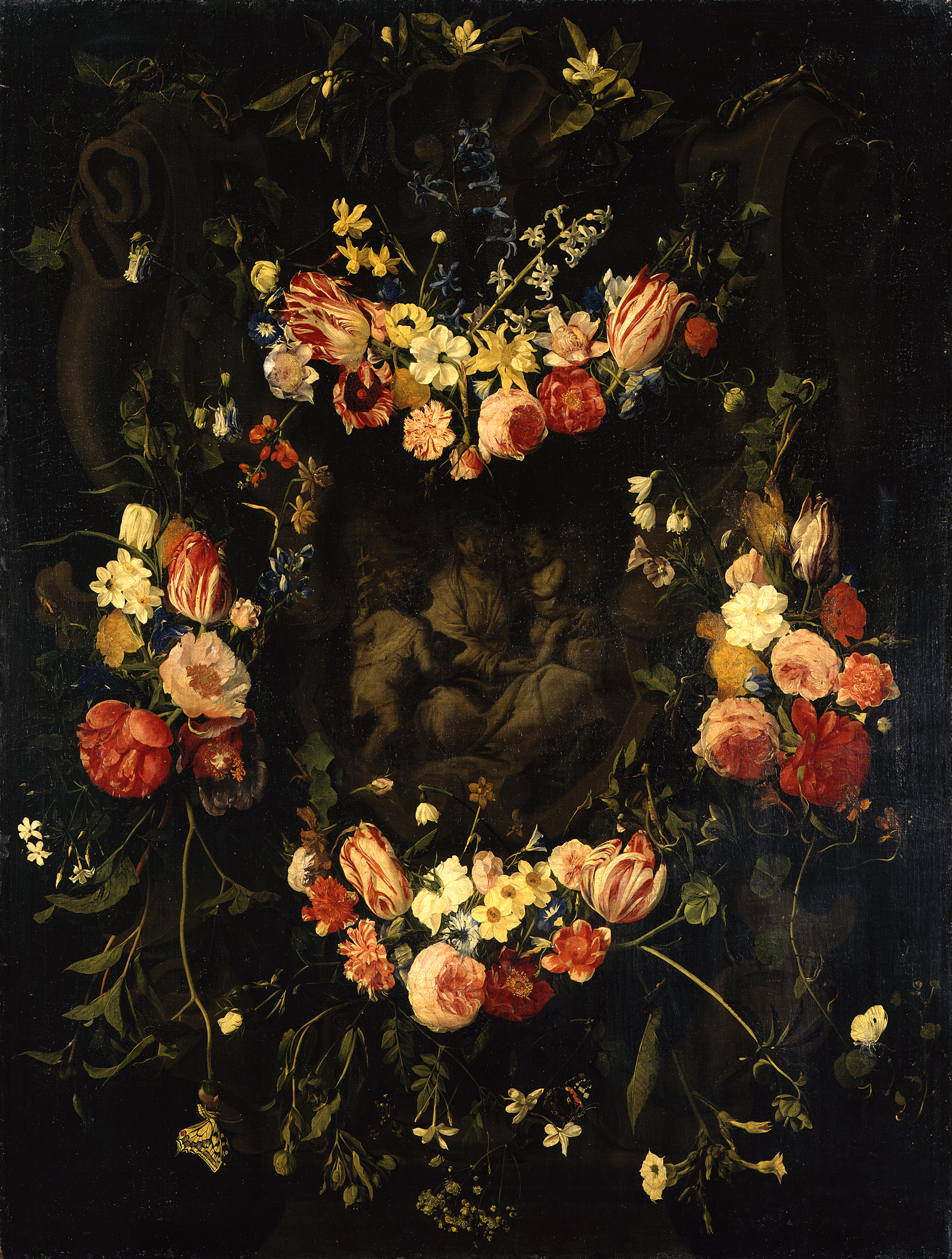 Erasmus Quellinus II, Cartouche addorned with flowergarlands surrounding a depiction of the Holy Family with the infant Saint John the Baptist